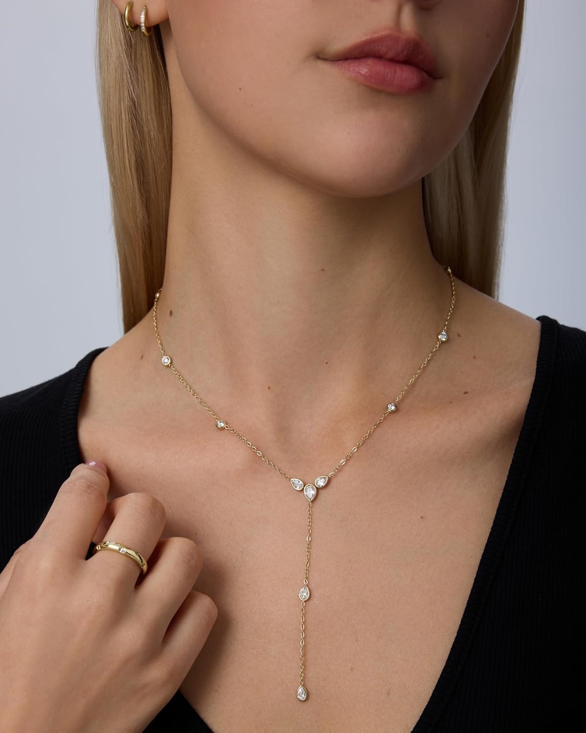 image:imagePAVOI Waterproof Lariat Long Necklaces for Women 14K Gold Plated Y Chain Lariat Necklace with Cubic Zirconia Stainless Steel Drop Chain Trendy JewelryYellow Gold