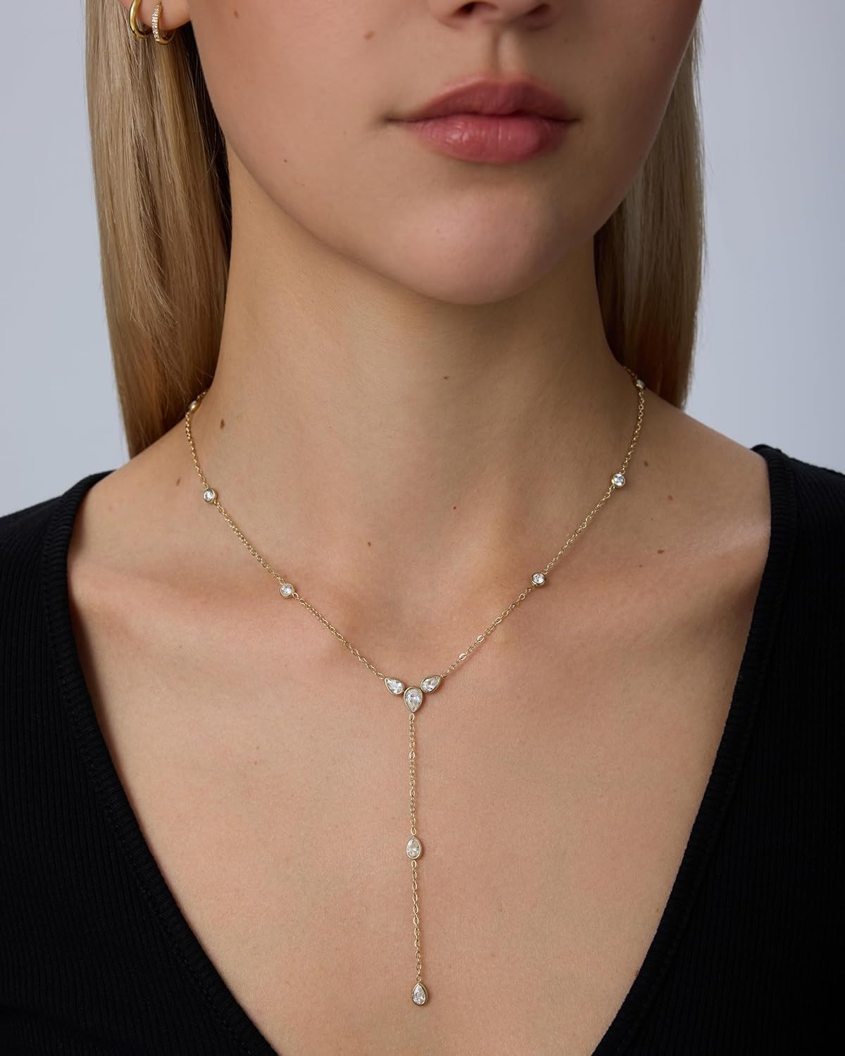 image:imagePAVOI Waterproof Lariat Long Necklaces for Women 14K Gold Plated Y Chain Lariat Necklace with Cubic Zirconia Stainless Steel Drop Chain Trendy JewelryYellow Gold