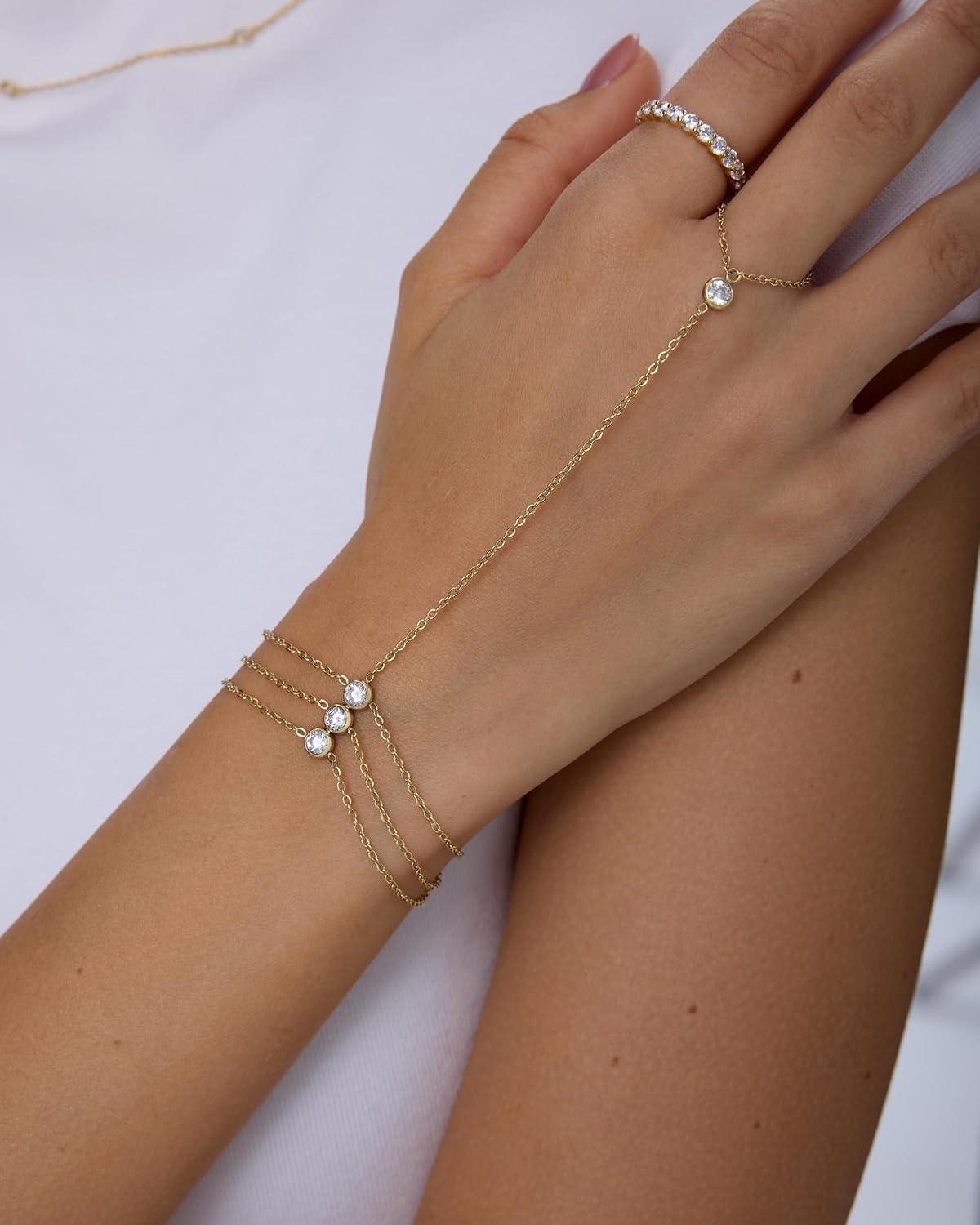 image:imagePAVOI Waterproof Layered Hand Chain Bracelet for Women 14K Gold Plated Loop Chain Dainty Gold Bracelets with Cubic Zirconia Stainless Steel Adjustable Trendy Summer Fashion JewelryYellow Gold