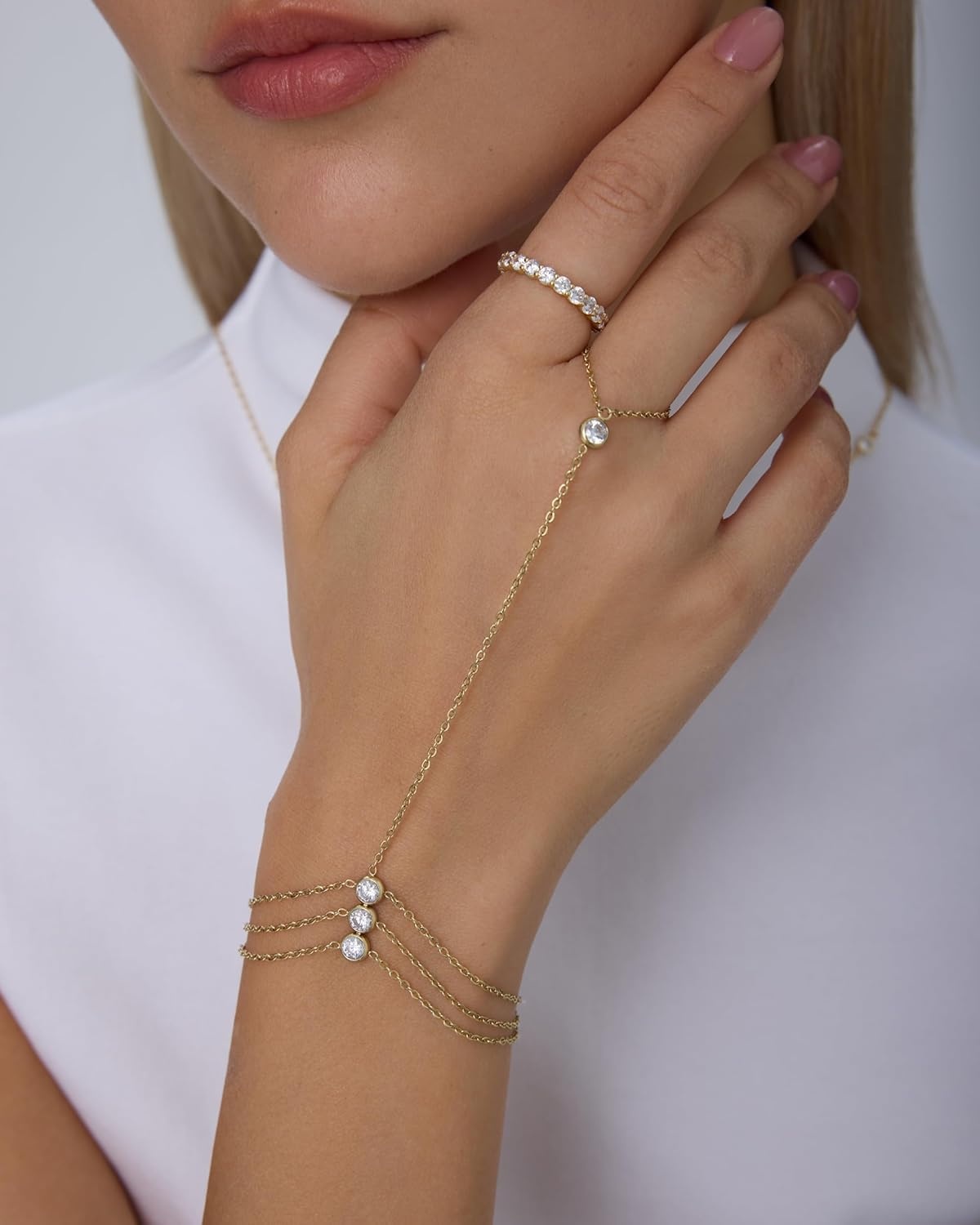 image:imagePAVOI Waterproof Layered Hand Chain Bracelet for Women 14K Gold Plated Loop Chain Dainty Gold Bracelets with Cubic Zirconia Stainless Steel Adjustable Trendy Summer Fashion JewelryYellow Gold