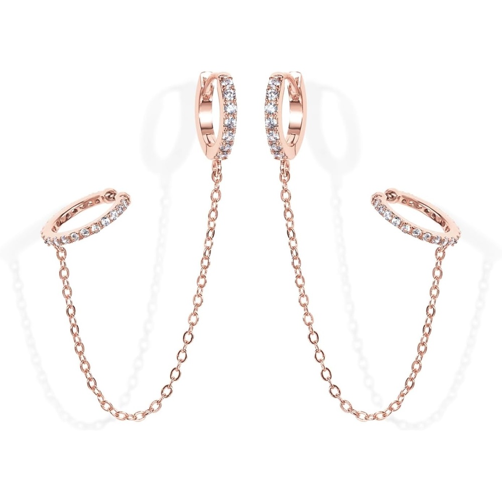 image:imagePAVOI 14K Gold Chain Earrings for Women  Double Piercing Dangle Chain Huggie Hoop Earrings  Cubic Zirconia Pearl Stud Ear Earrings for WomenRose Gold