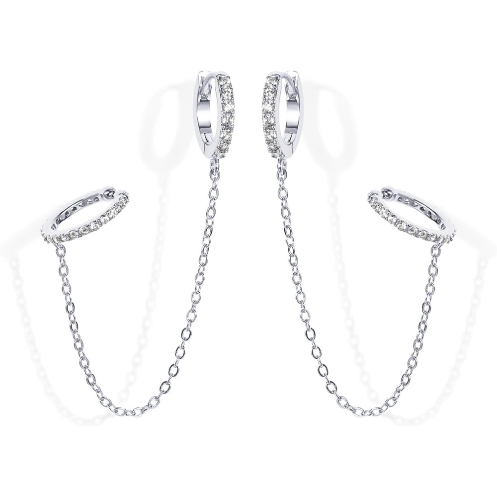 image:imagePAVOI 14K Gold Chain Earrings for Women Double Piercing Dangle Chain Huggie Hoop Earrings Cubic Zirconia Pearl Stud Ear Earrings for WomenWhite Gold