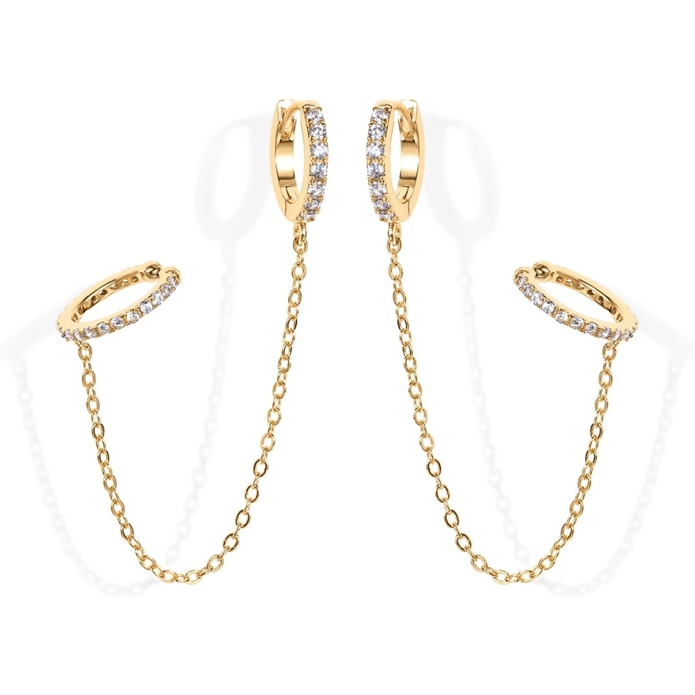 image:imagePAVOI 14K Gold Chain Earrings for Women Double Piercing Dangle Chain Huggie Hoop Earrings Cubic Zirconia Pearl Stud Ear Earrings for WomenYellow Gold