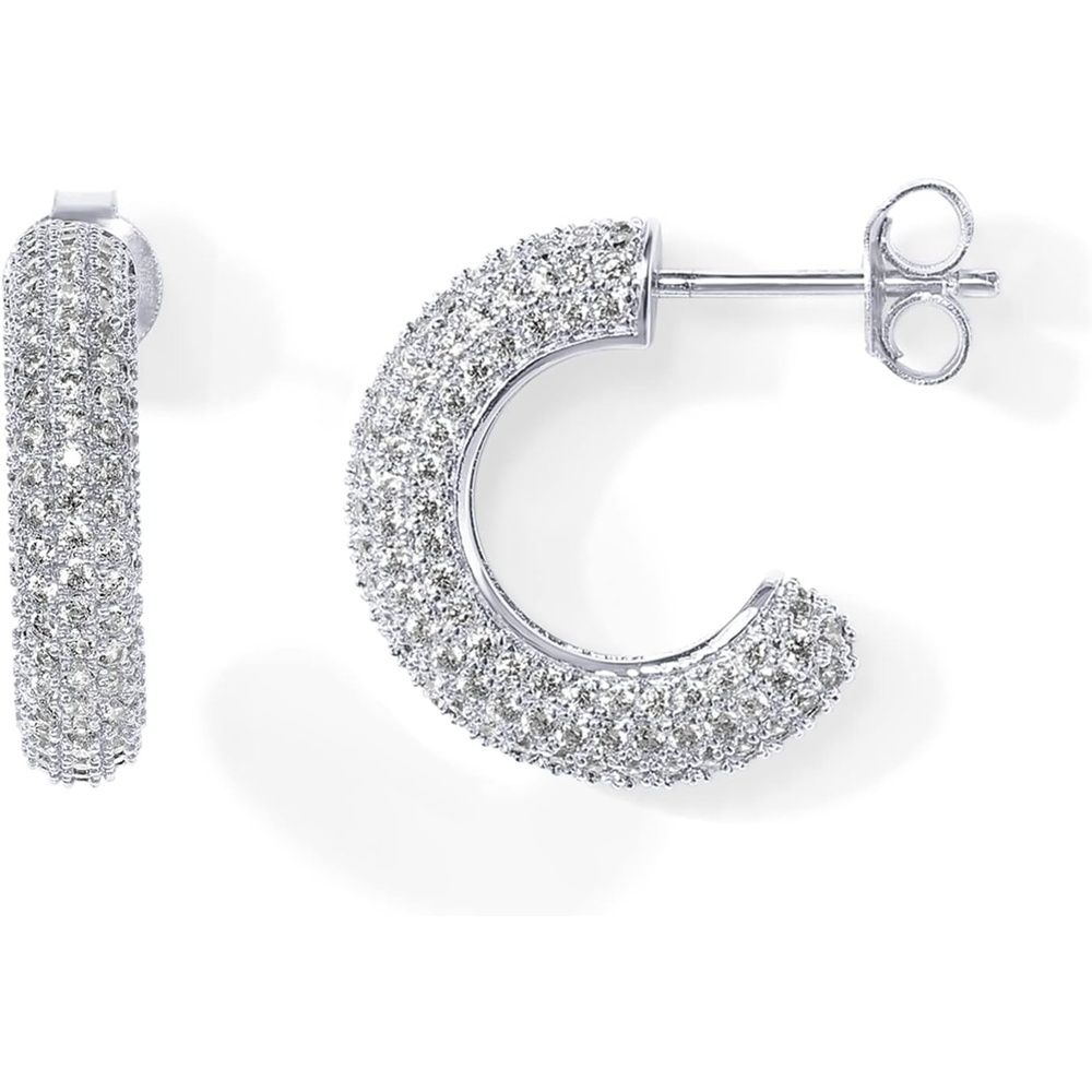 image:imagePAVOI 14K Gold Plated 925 Sterling Silver Post Cubic Zirconia Chunky Hoop Earrings Thick Lightweight Gold Earrings for Women Fully Studded HoopWhite Gold