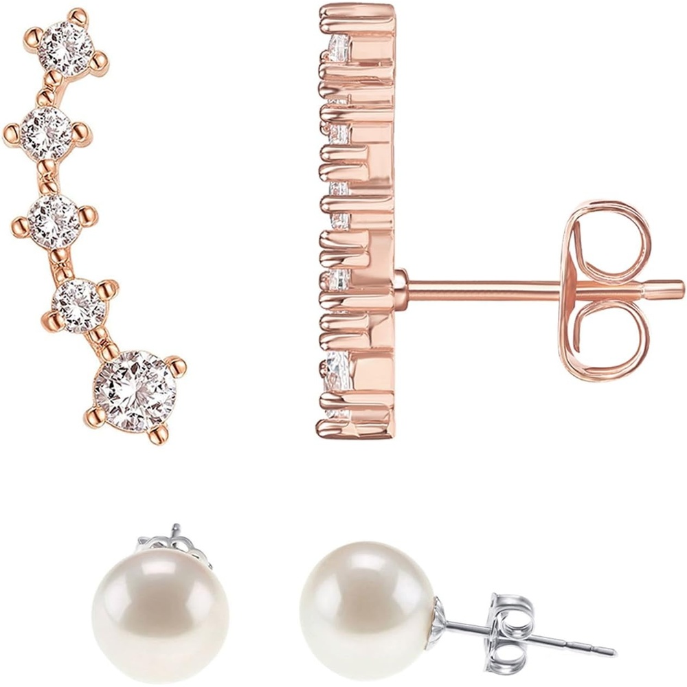 image:imagePAVOI 14K Gold Plated 925 Sterling Silver Post Cubic Zirconia Crawler Earrings Pearl Studs Set CZ Climber Earrings Pearl Studs Pack for WomenRose Gold