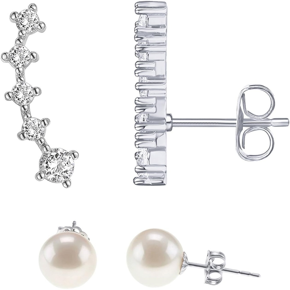 image:imagePAVOI 14K Gold Plated 925 Sterling Silver Post Cubic Zirconia Crawler Earrings Pearl Studs Set CZ Climber Earrings Pearl Studs Pack for WomenWhite Gold