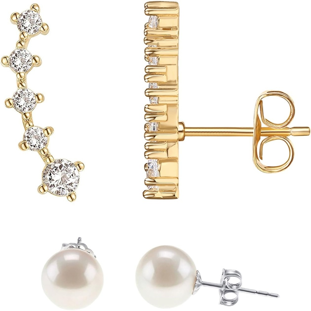 image:imagePAVOI 14K Gold Plated 925 Sterling Silver Post Cubic Zirconia Crawler Earrings Pearl Studs Set CZ Climber Earrings Pearl Studs Pack for WomenYellow Gold