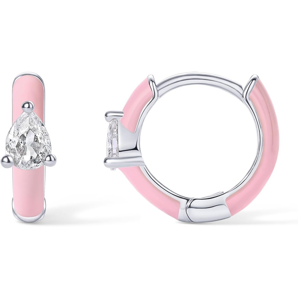 image:imagePAVOI 14K Gold Plated 925 Sterling Silver Post Earrings for Women Colored Enamel Cubic Zirconia Huggie Hoop Earrings JewelryWhite Gold Pink Enamel