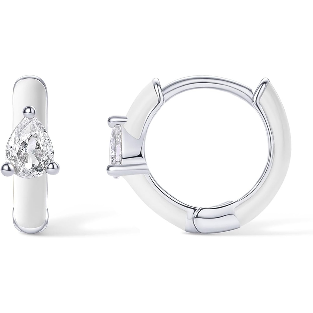 image:imagePAVOI 14K Gold Plated 925 Sterling Silver Post Earrings for Women Colored Enamel Cubic Zirconia Huggie Hoop Earrings JewelryWhite Gold White Enamel