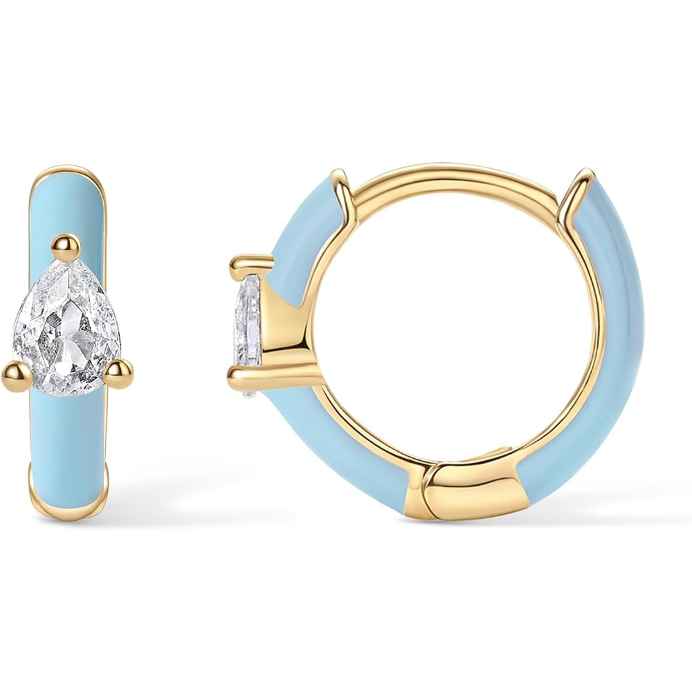 image:imagePAVOI 14K Gold Plated 925 Sterling Silver Post Earrings for Women  Colored Enamel Cubic Zirconia Huggie Hoop Earrings  JewelryYellow Gold  Blue Enamel