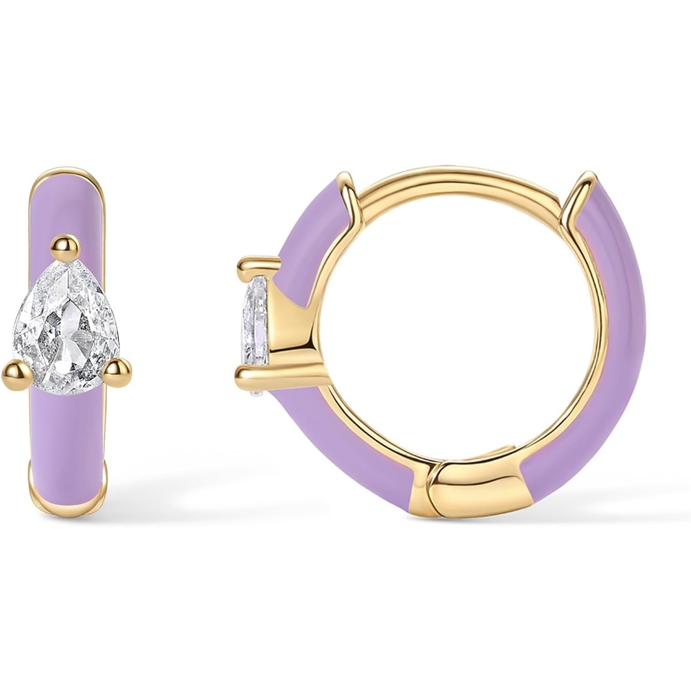 image:imagePAVOI 14K Gold Plated 925 Sterling Silver Post Earrings for Women  Colored Enamel Cubic Zirconia Huggie Hoop Earrings  JewelryYellow Gold  Purple Enamel