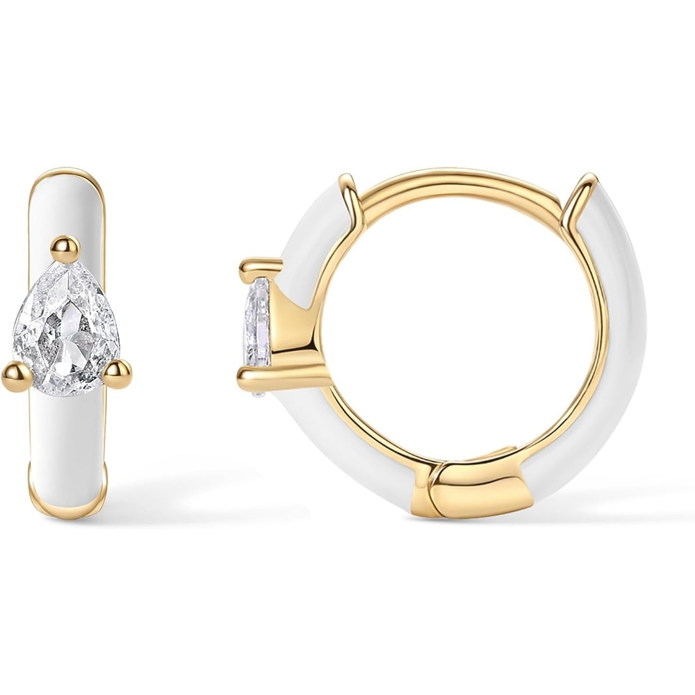 image:imagePAVOI 14K Gold Plated 925 Sterling Silver Post Earrings for Women  Colored Enamel Cubic Zirconia Huggie Hoop Earrings  JewelryYellow Gold  White Enamel