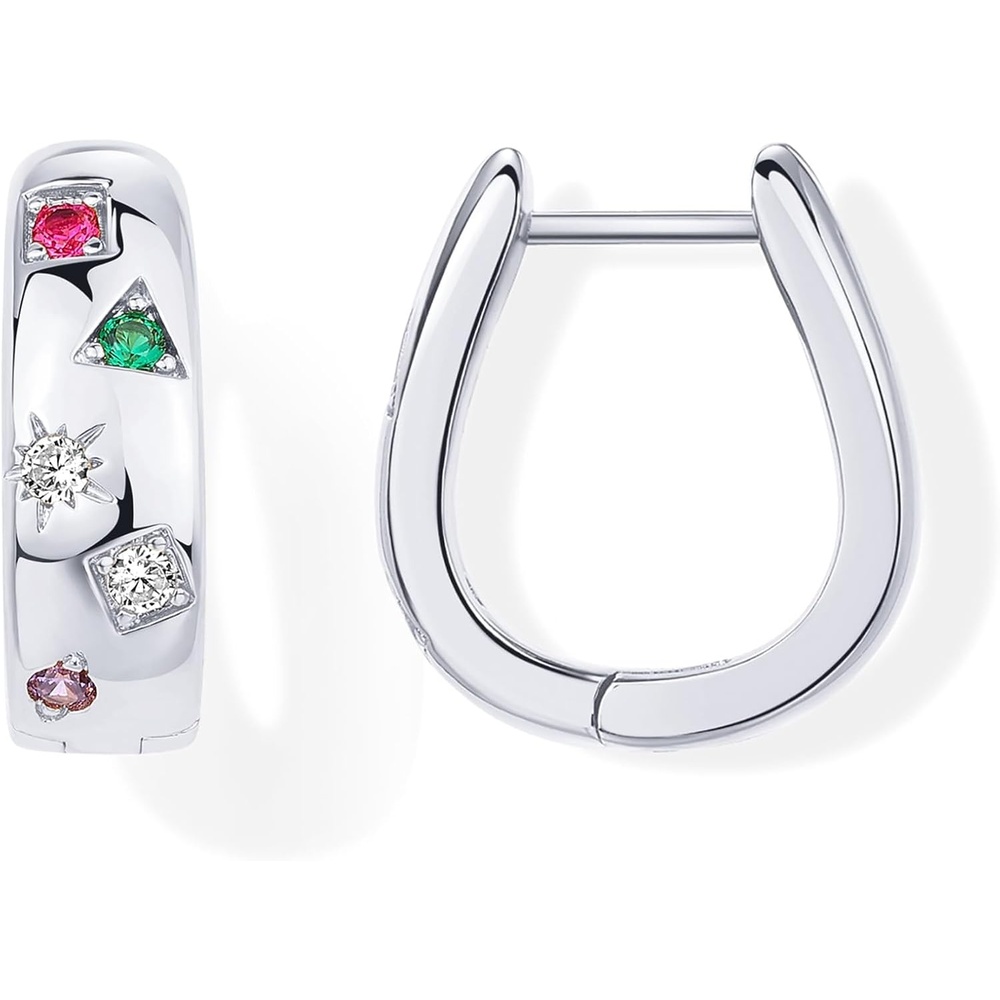 image:imagePAVOI 14K Gold Plated 925 Sterling Silver Posts Chunky Huggie Earrings for Women MultiColored Cubic Zirconia Statement Hoop EarringsWhite Gold