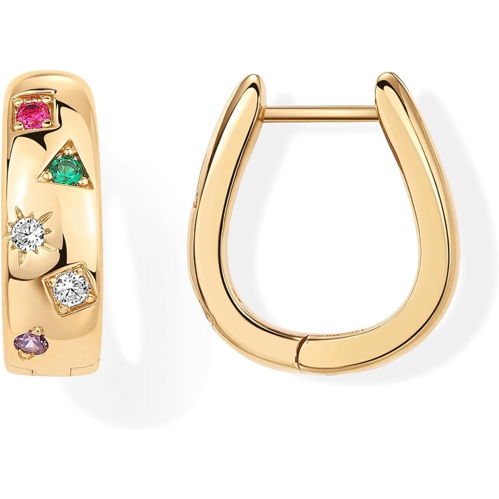 image:imagePAVOI 14K Gold Plated 925 Sterling Silver Posts Chunky Huggie Earrings for Women MultiColored Cubic Zirconia Statement Hoop EarringsYellow Gold