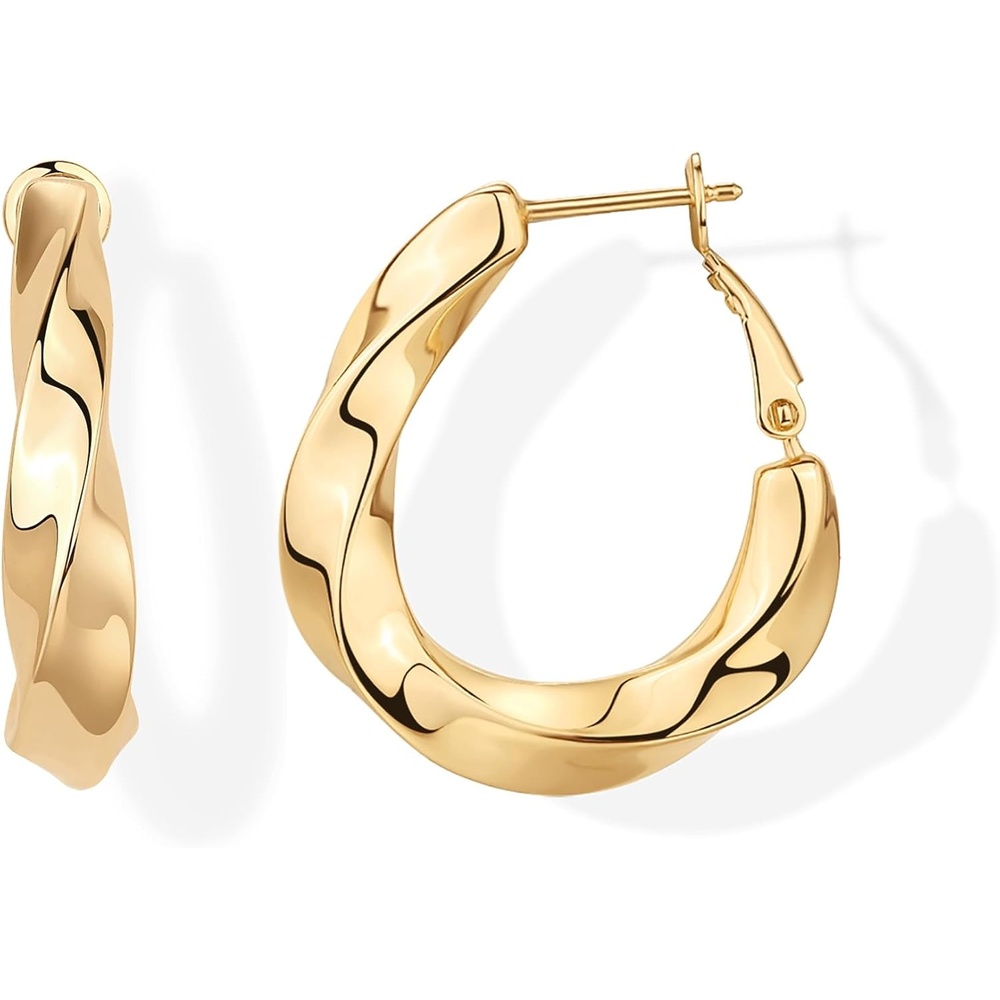 image:imagePAVOI 14K Gold Plated 925 Sterling Silver Posts Chunky Wavy Hoop Earrings for Women  Lightweight Statement Twisted Endless Wave Hoops EarringsYellow Gold