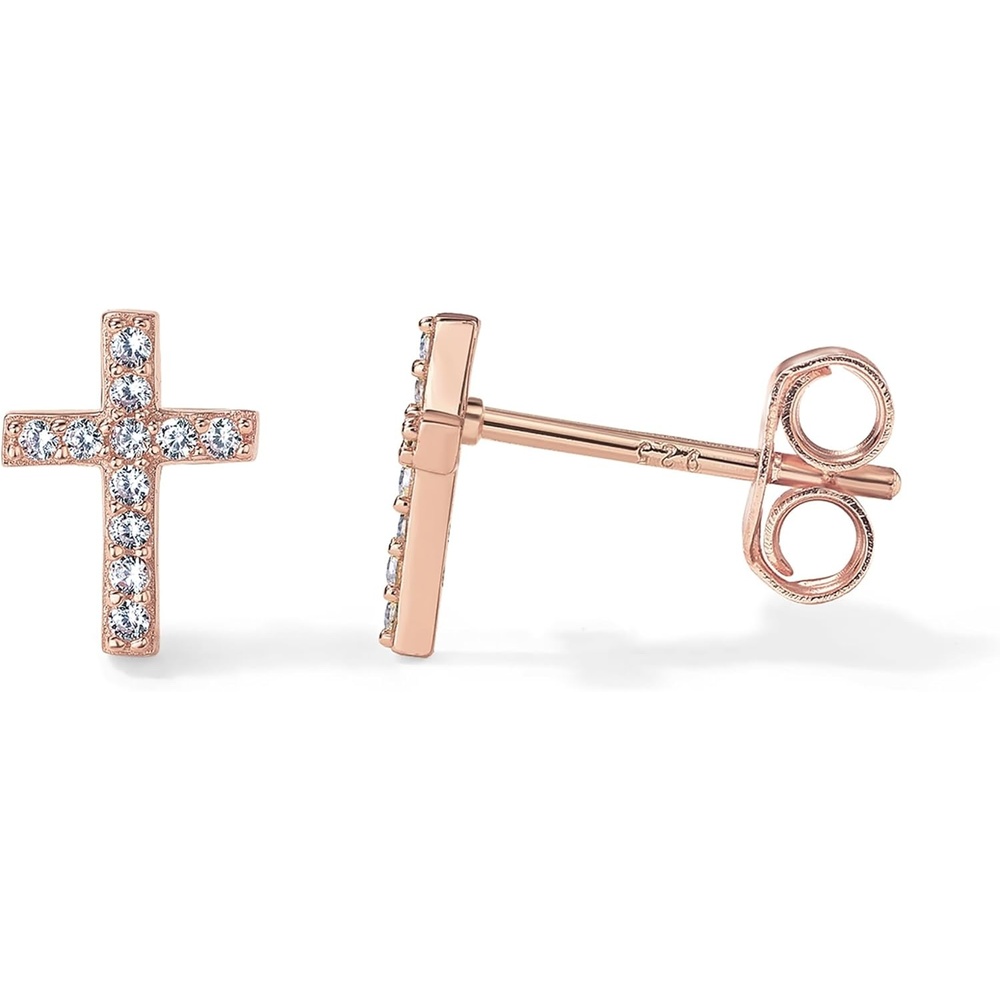 image:imagePAVOI 14K Gold Plated 925 Sterling Silver Posts Cross Earrings for Women Small Religious Faith Cubic Zirconia Cross Studs Huggies EarringsRose Gold