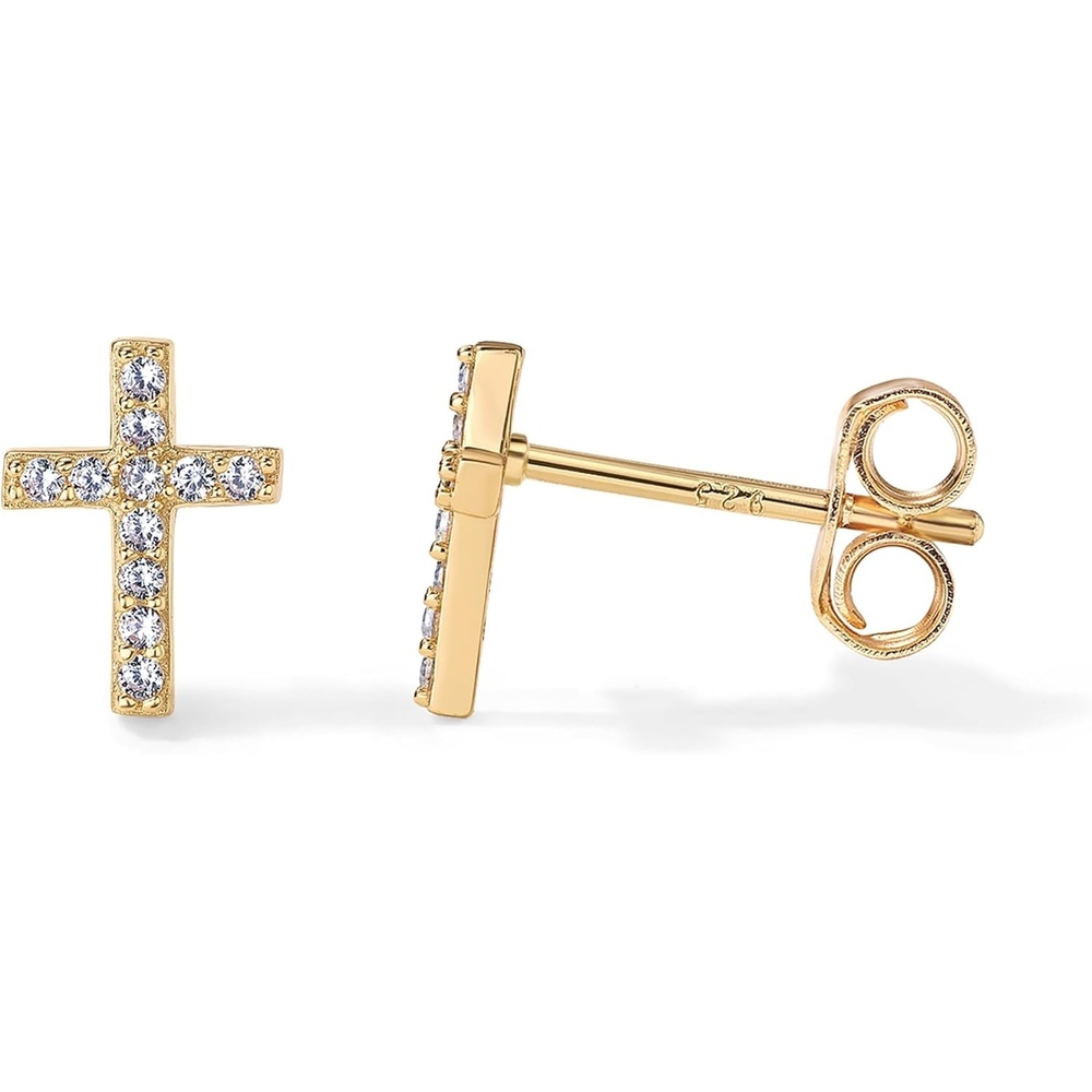image:imagePAVOI 14K Gold Plated 925 Sterling Silver Posts Cross Earrings for Women Small Religious Faith Cubic Zirconia Cross Studs Huggies EarringsYellow Gold