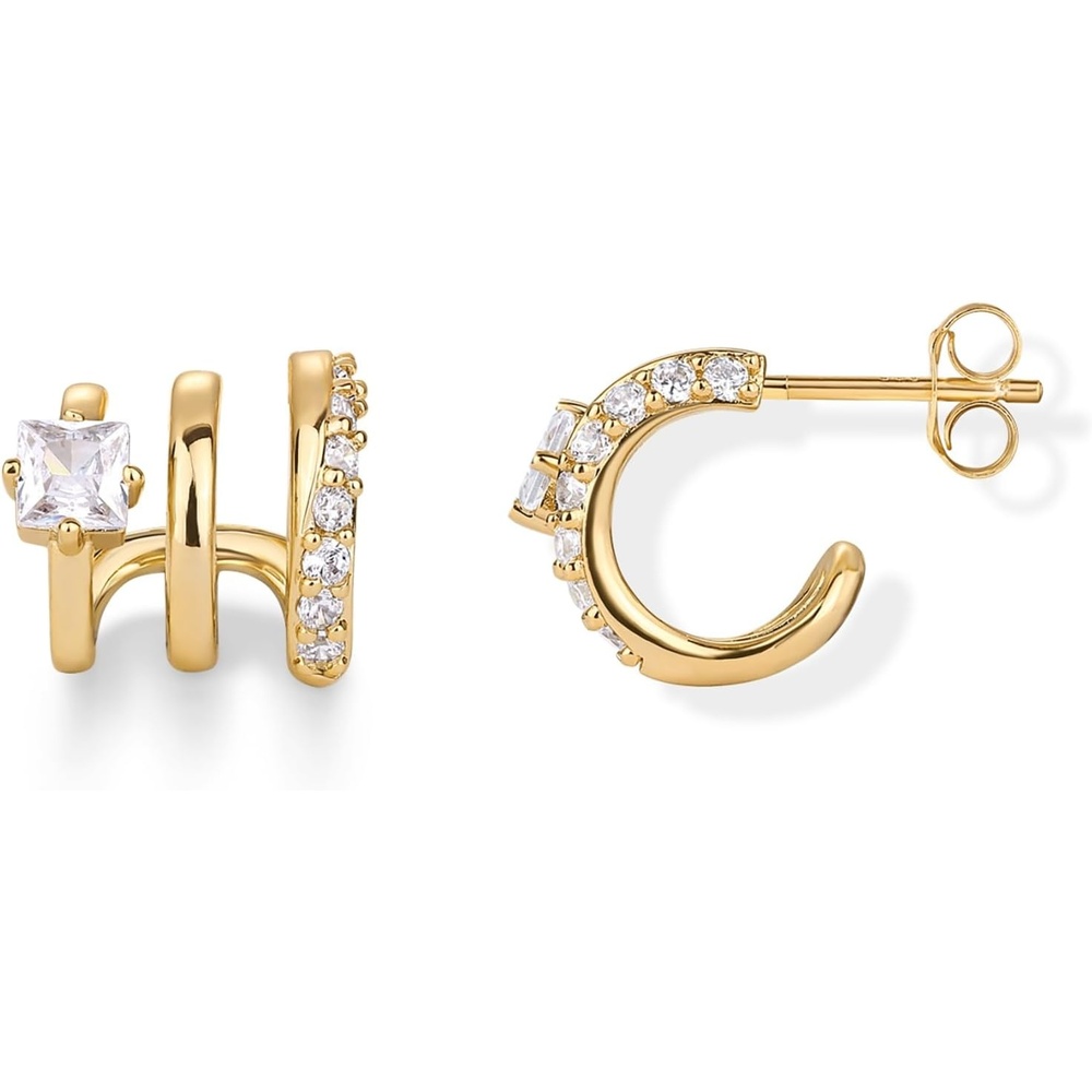image:imagePAVOI 14K Gold Plated 925 Sterling Silver Posts Cubic Zirconia Segment Triple Hoop Earrings for Women  Statement Triple Hoop Stud EarringsYellow Gold