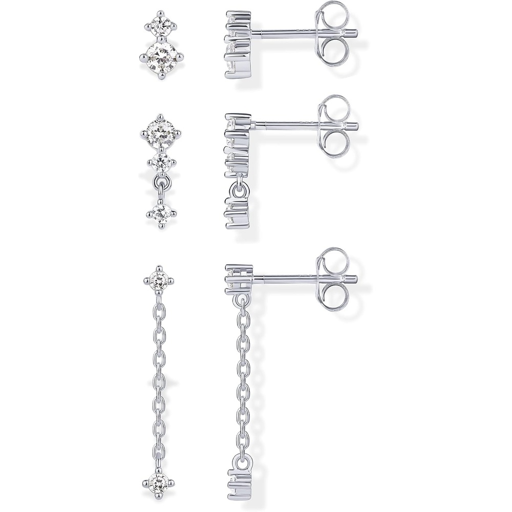 image:imagePAVOI 14K Gold Plated 925 Sterling Silver Posts Dainty Stud and Dangle Chain Earring Pack for Women Set of 3 Cubic Zirconia EarringsWhite Gold