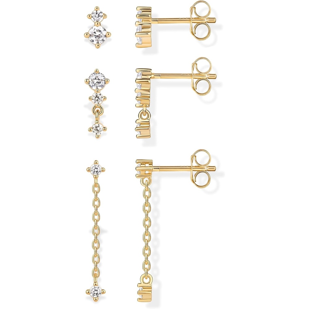 image:imagePAVOI 14K Gold Plated 925 Sterling Silver Posts Dainty Stud and Dangle Chain Earring Pack for Women Set of 3 Cubic Zirconia EarringsYellow Gold