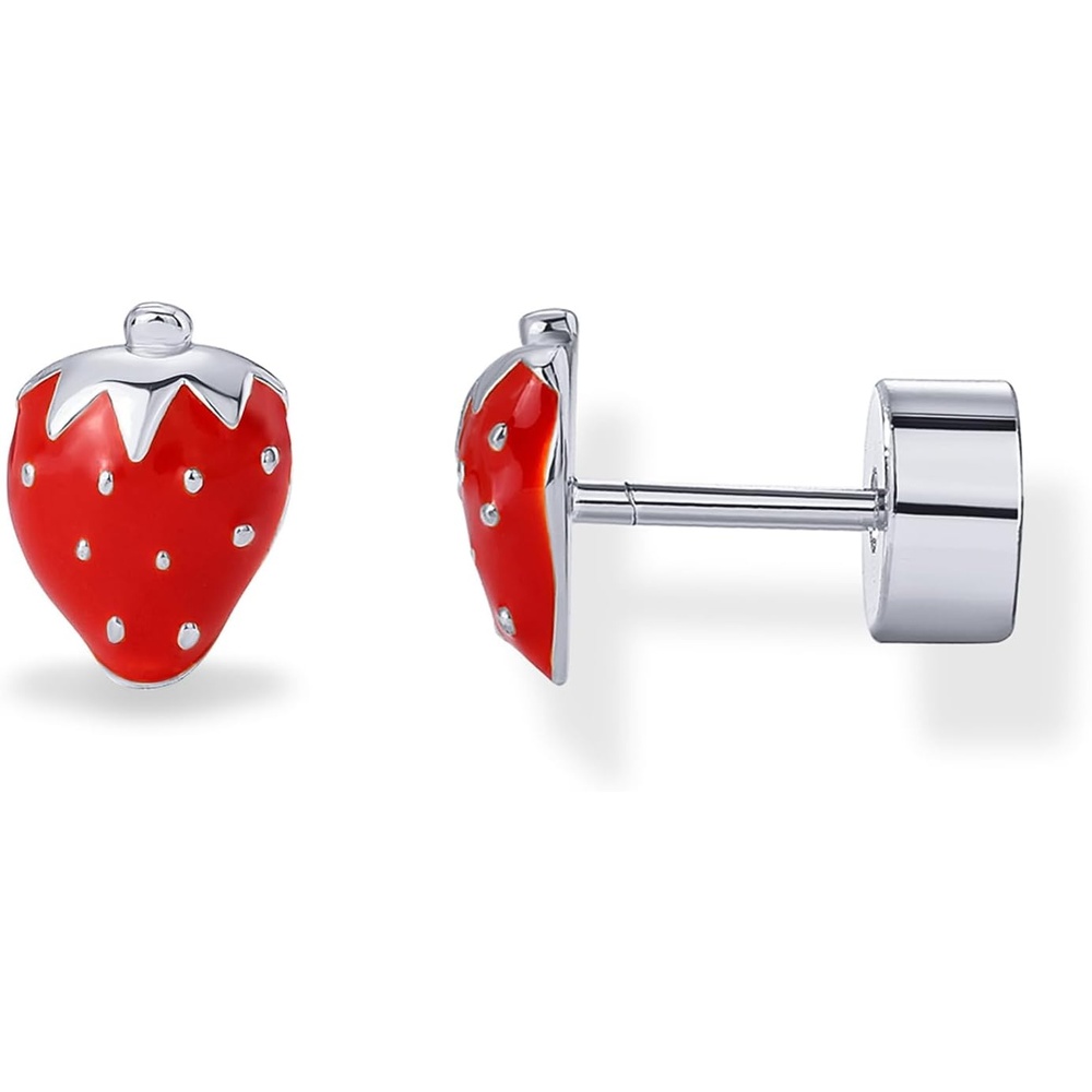 image:imagePAVOI 14K Gold Plated 925 Sterling Silver Posts Enamel Flatback Stud Earrings for Women  Colored Chili Pepper Strawberry Cherry Emoji Screwback Earrings  Dainty Helix Cartilage Piercing JewelryStrawberry