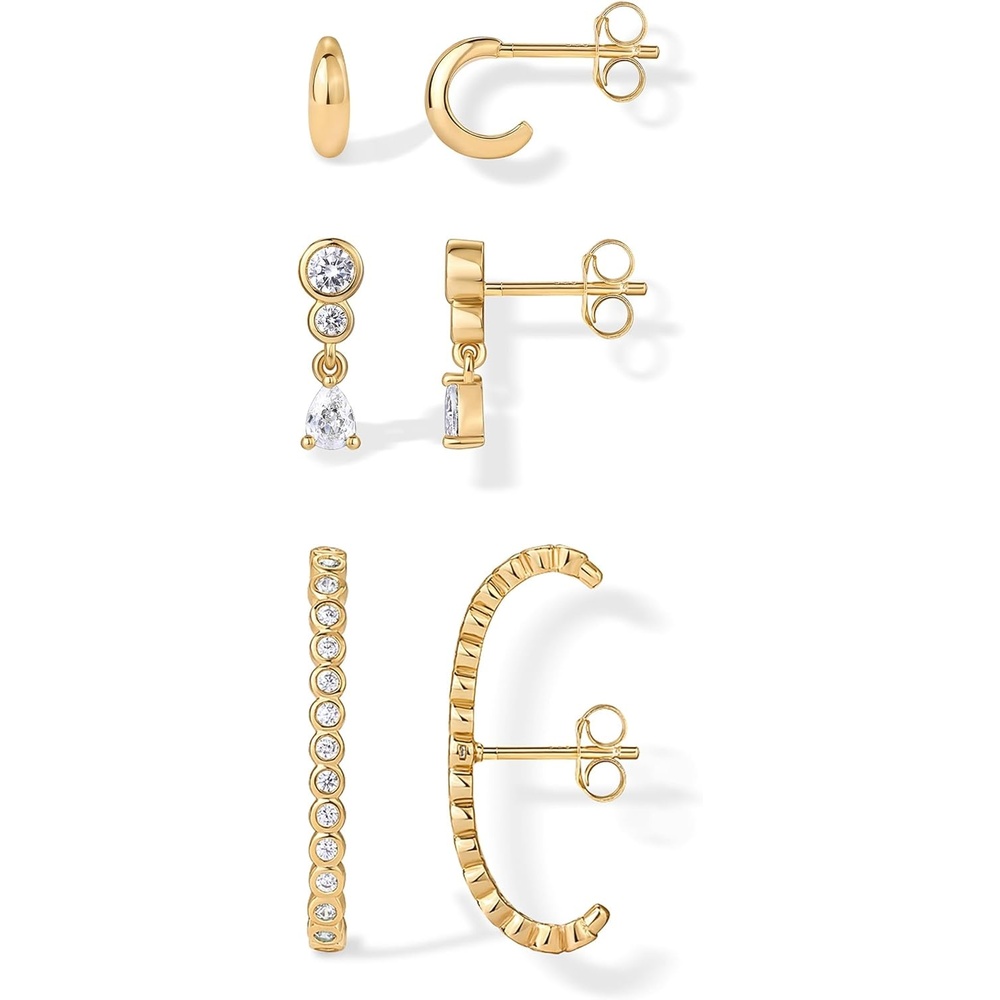 image:imagePAVOI 14K Gold Plated 925 Sterling Silver Posts Multi Pack Earscape Statement Earrings for Women Set of Three Minimalist Suspender Ear Cuff Huggie Stud Dangle Earrings PiercingsYellow Gold