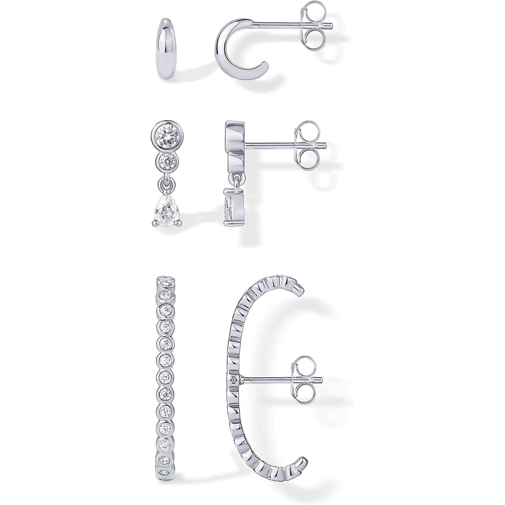 image:imagePAVOI 14K Gold Plated 925 Sterling Silver Posts Multi Pack Earscape Statement Earrings for Women Set of Three Minimalist Suspender Ear Cuff Huggie Stud Dangle Earrings PiercingsWhite Gold