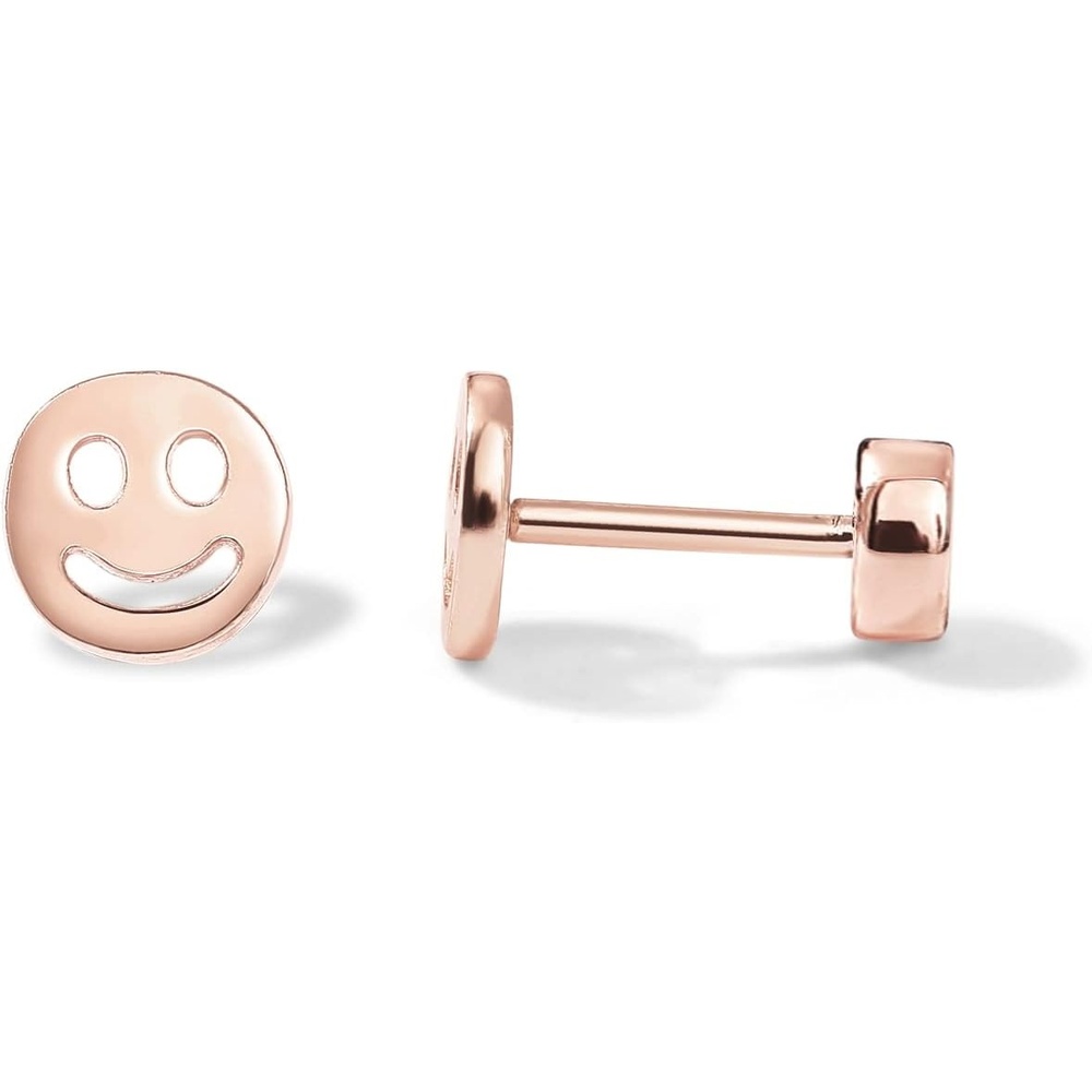 image:imagePAVOI 14K Gold Plated 925 Sterling Silver Posts Pair of Flat Back Stud Earrings for Women  Cartilage Helix Piercing  Heart Moon Snake Smiley Butterfly Yin and Yang North Star Earring  Valentines Day Trendy JewelrySmiley