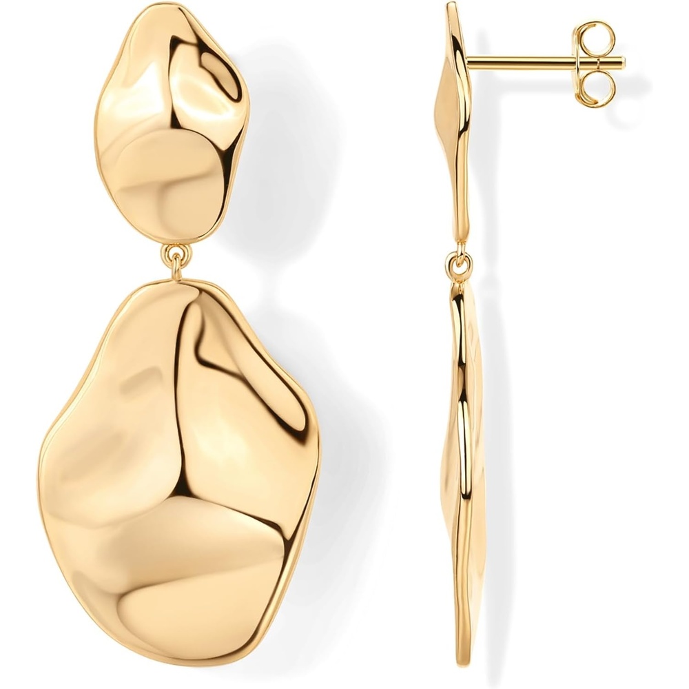image:imagePAVOI 14K Gold Plated 925 Sterling Silver Posts Teardrop Statement Dangle Earrings Lightweight Hammered Drop Dangle Earrings for WomenYellow Gold