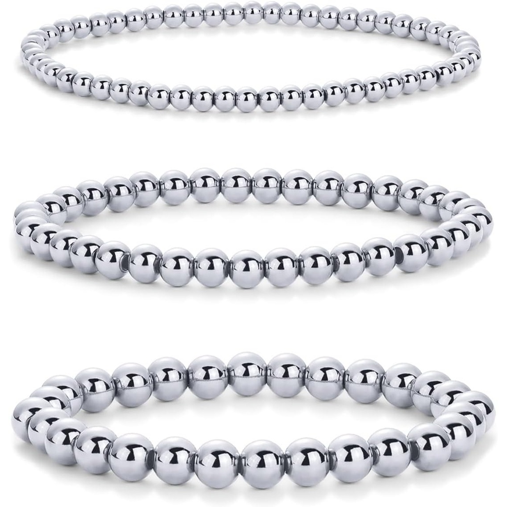 image:imagePAVOI 14K Gold Plated Beaded Bracelet Pack for Women Stainless Steel 3Piece Stretchy Bracelet Set Waterproof Ball TrioWhite Gold