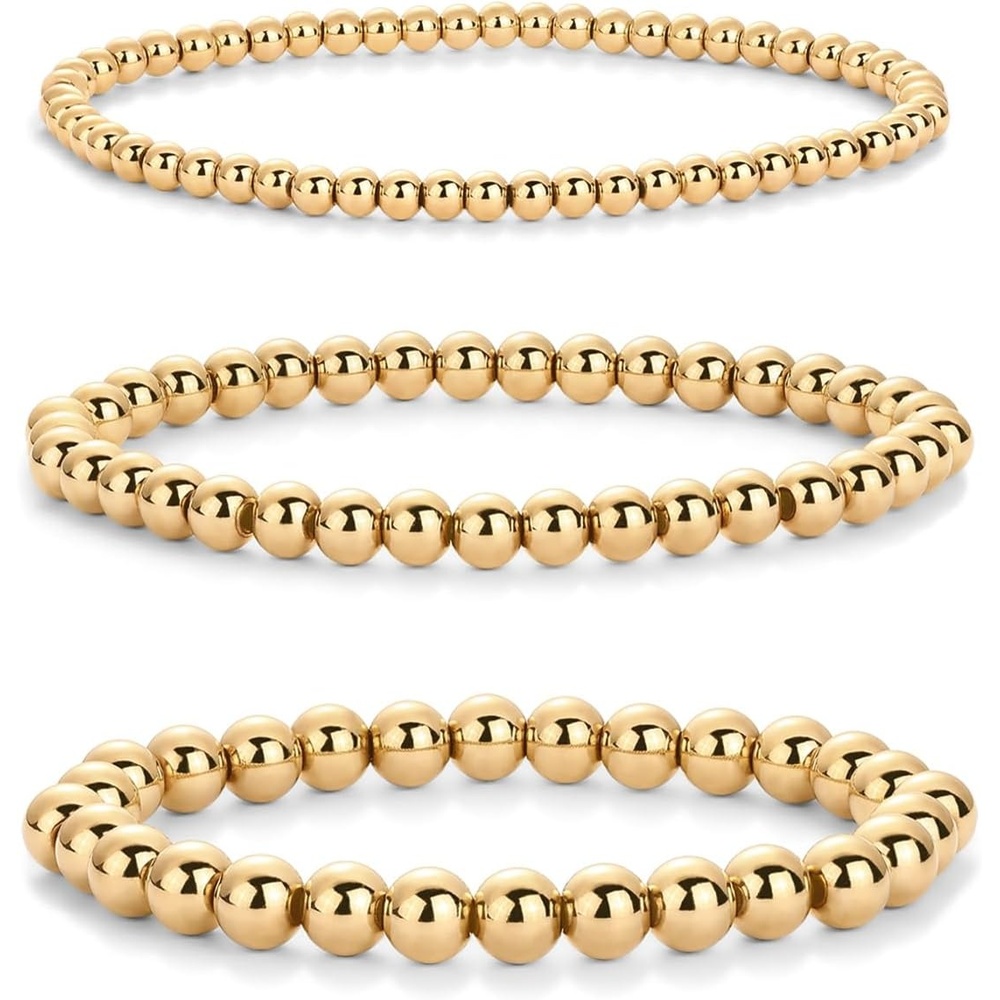 image:imagePAVOI 14K Gold Plated Beaded Bracelet Pack for Women  Stainless Steel 3Piece Stretchy Bracelet Set  Waterproof Ball TrioYellow Gold