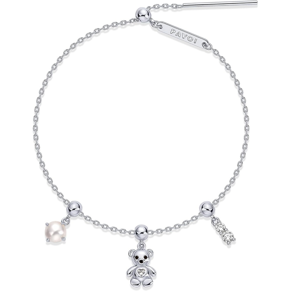 image:imagePAVOI 14K Gold Plated Bracelet for Women Adjustable Sliding Ball Charm Bracelet Set with Removable Horseshoe Valentines Day Heart and Cubic Zirconia Charms Trendy Gold Chain JewelryTeddy Bear