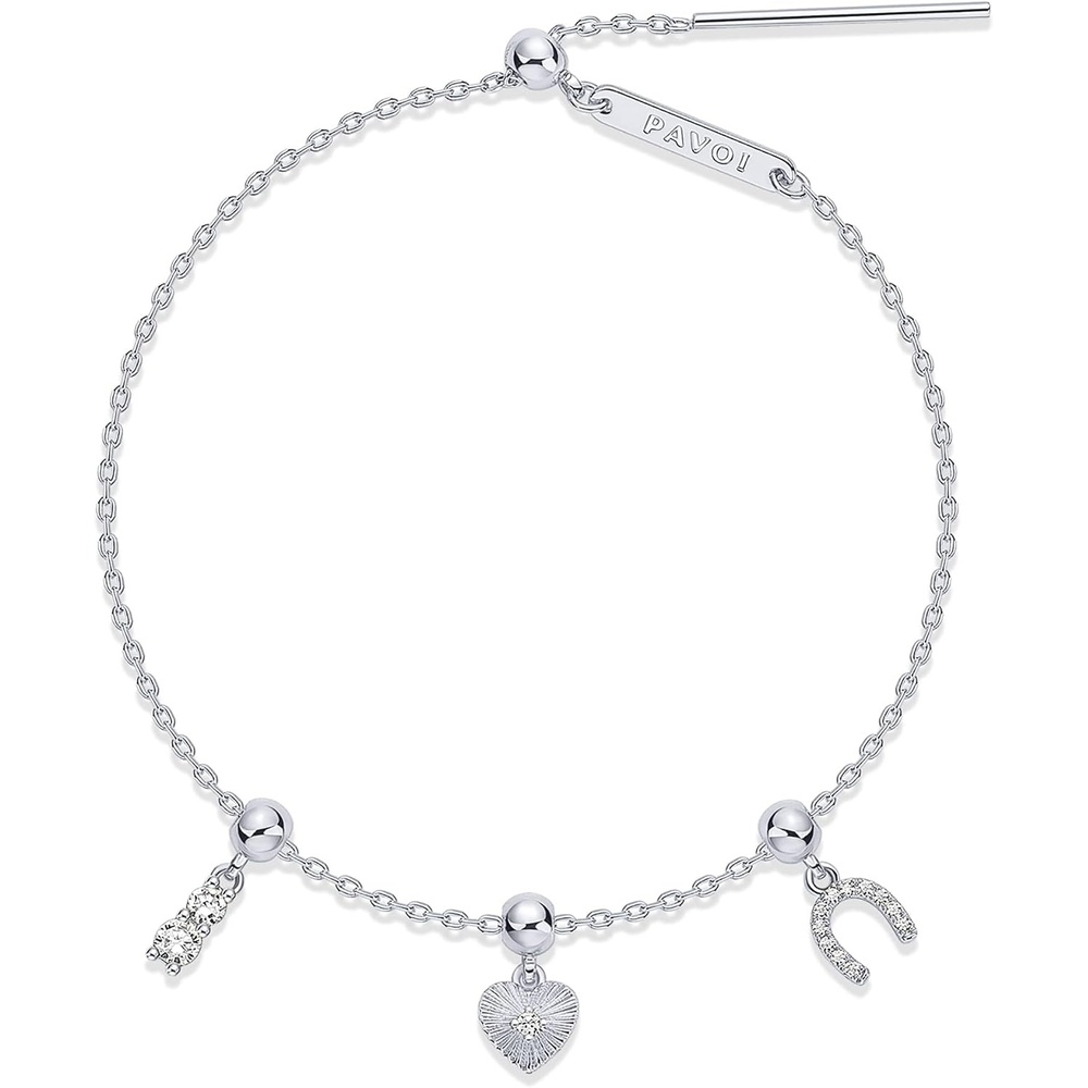 image:imagePAVOI 14K Gold Plated Bracelet for Women  Adjustable Sliding Ball Charm Bracelet Set with Removable Horseshoe Valentines Day Heart and Cubic Zirconia Charms  Trendy Gold Chain JewelryHeart