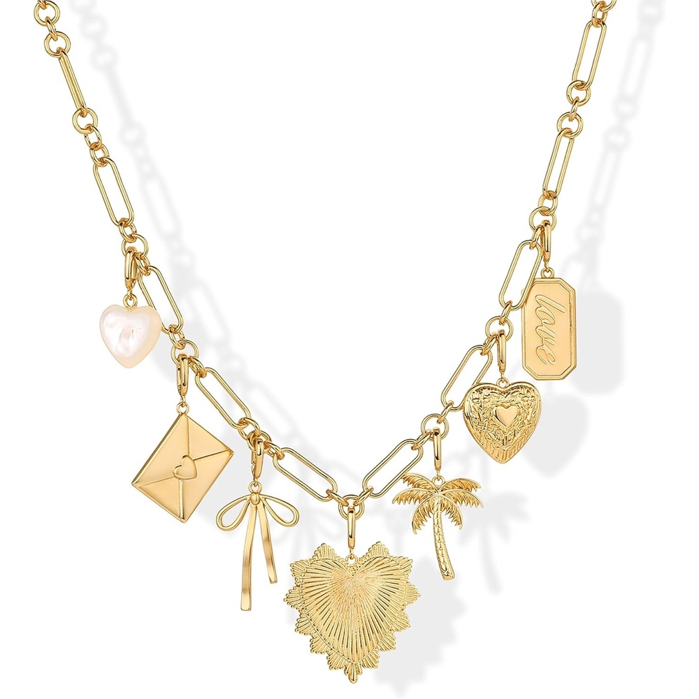 image:imagePAVOI 14K Gold Plated Chunky Charm Necklace Pack for Women Statement Paperclip Chain Necklaces with Removable Charms Heart Palm Tree Bow Pearl Love Friendship Necklace Valentines Day Trendy JewelryYellow Gold