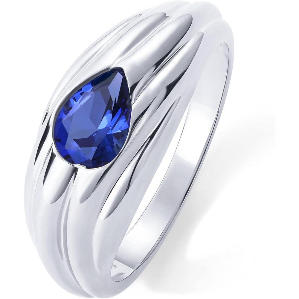 image:imagePAVOI 14K Gold Plated Chunky Colored Gemstones Statement Ring for Women Blue Pink Green Pear Cubic Zirconia Stackable Wave Texture BandsWhite Gold