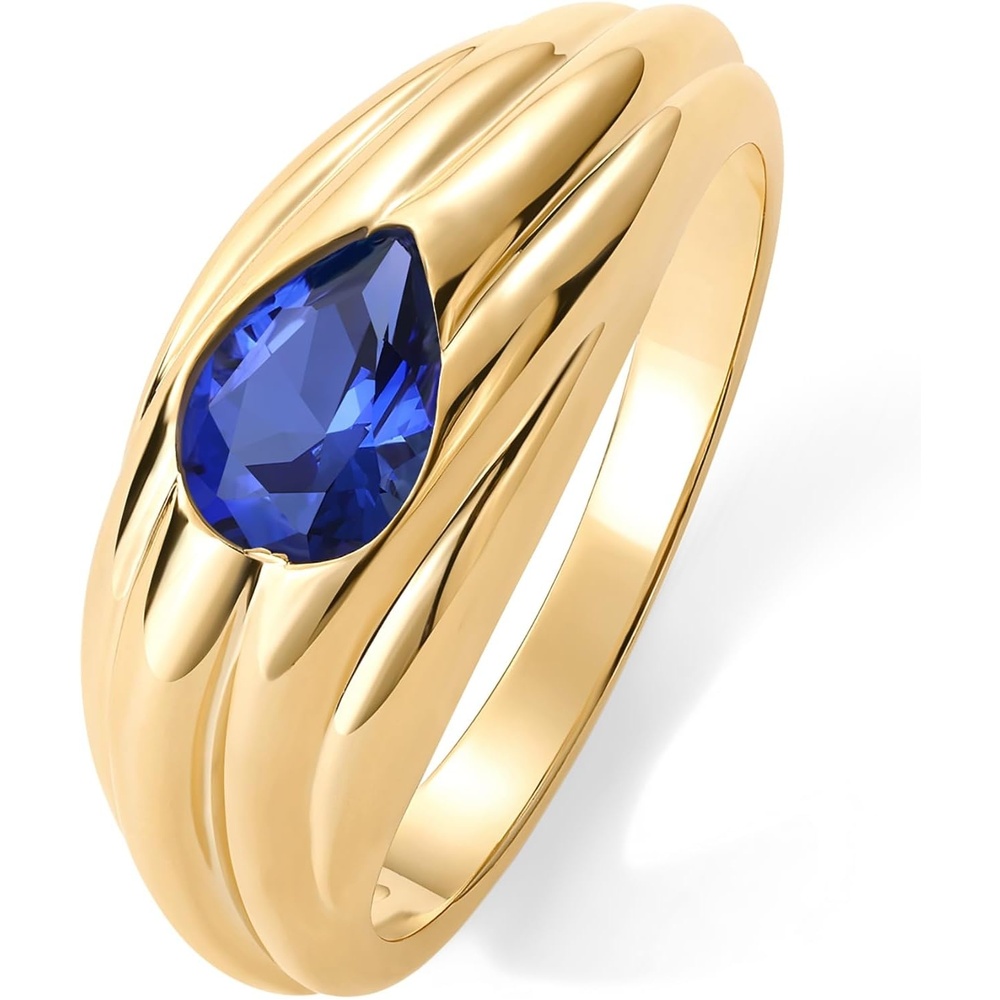 image:imagePAVOI 14K Gold Plated Chunky Colored Gemstones Statement Ring for Women Blue Pink Green Pear Cubic Zirconia Stackable Wave Texture BandsYellow Gold