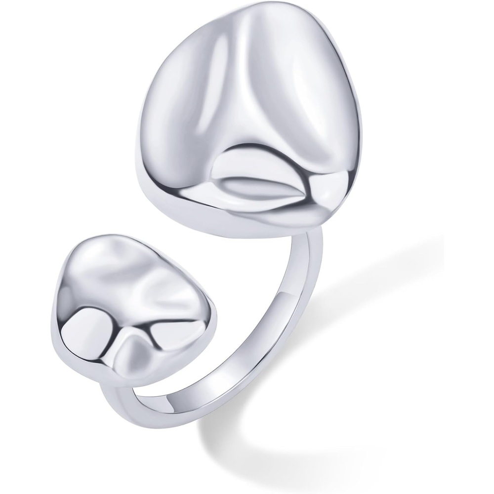 image:imagePAVOI 14K Gold Plated Chunky Open Statement Rings for Women Bold Hammered Double Pebble Stackable Ring Trendy Geometric Organic Fashion Bands JewelryWhite Gold