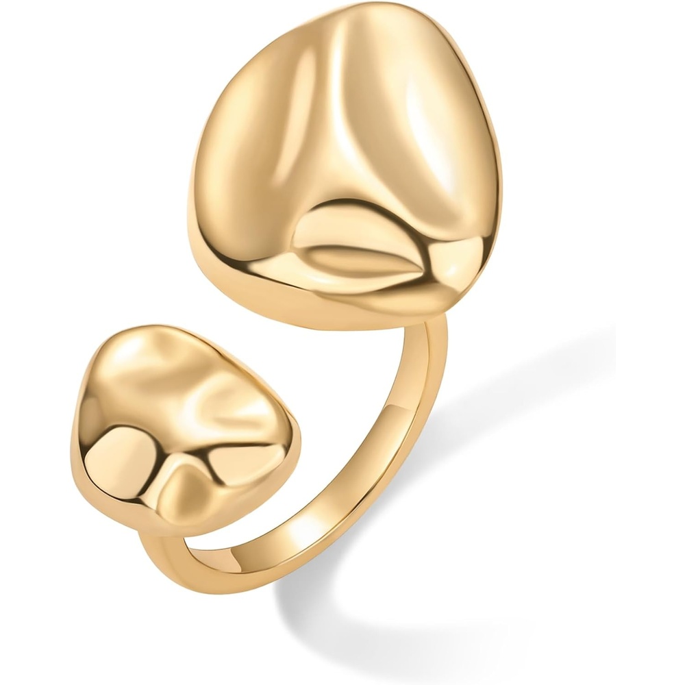 image:imagePAVOI 14K Gold Plated Chunky Open Statement Rings for Women Bold Hammered Double Pebble Stackable Ring Trendy Geometric Organic Fashion Bands JewelryYellow Gold