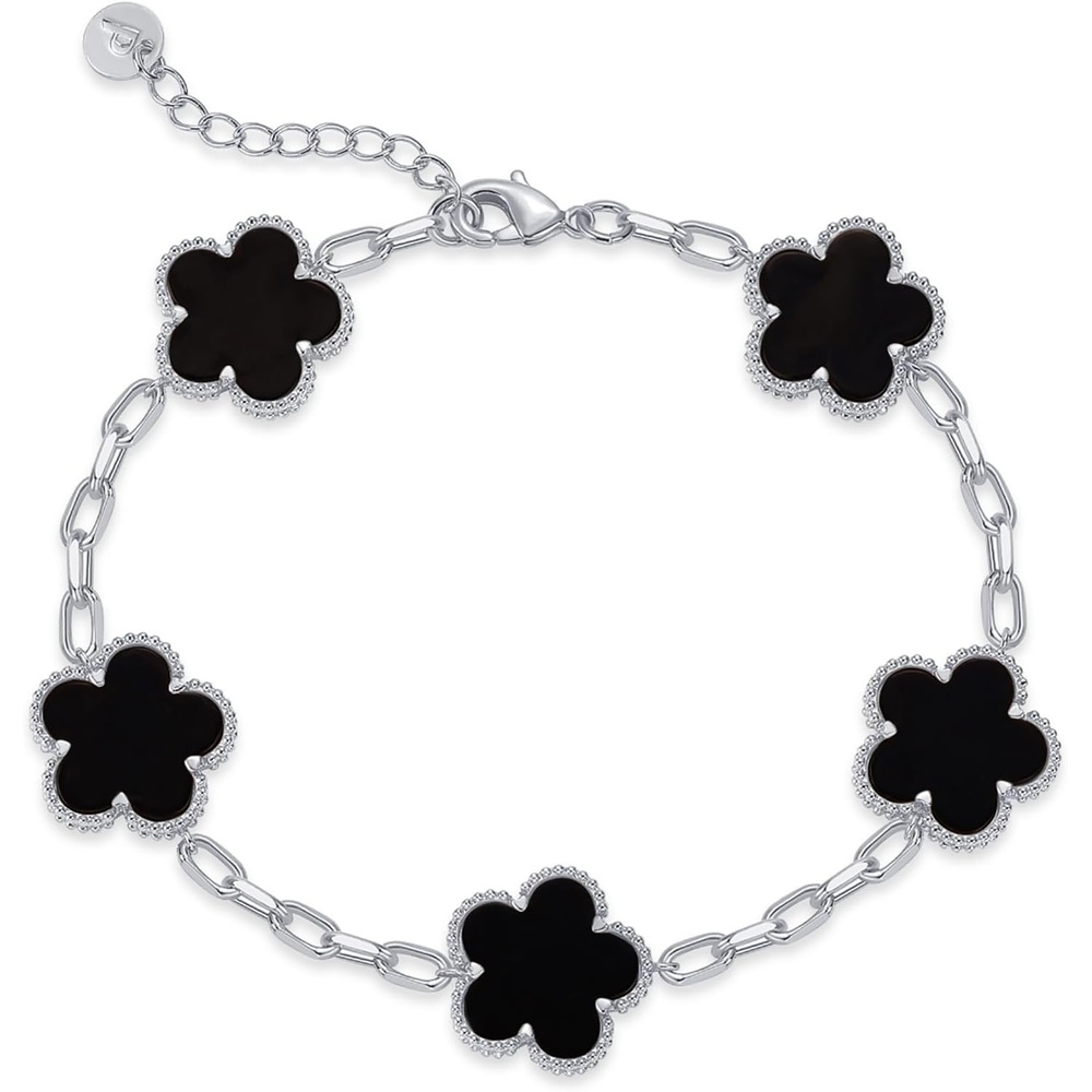 image:imagePAVOI 14K Gold Plated Clover Bracelets for Women  Flower Four Leaf Clover Bracelet  Mother of Pearl amp Onyx Gemstone Lucky Flower Design  Adjustable Trendy Jewelry GiftsWhite Gold