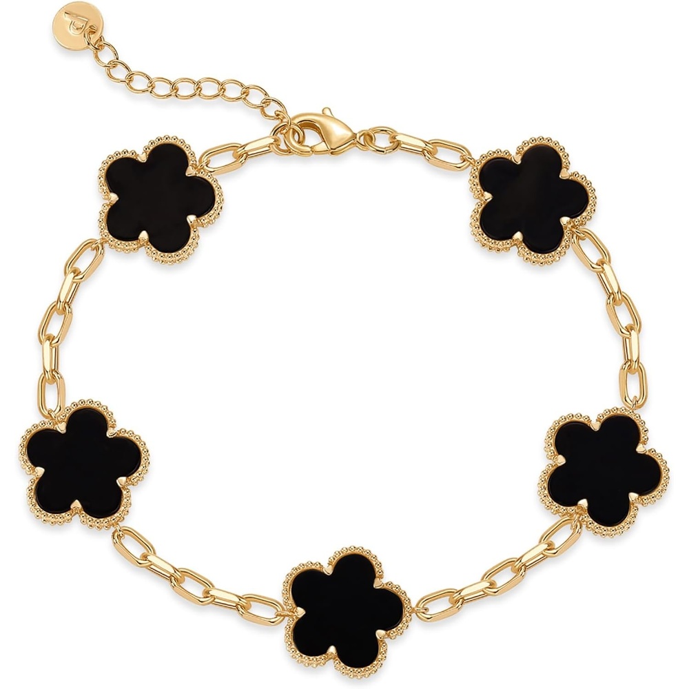 image:imagePAVOI 14K Gold Plated Clover Bracelets for Women  Flower Four Leaf Clover Bracelet  Mother of Pearl amp Onyx Gemstone Lucky Flower Design  Adjustable Trendy Jewelry GiftsYellow Gold