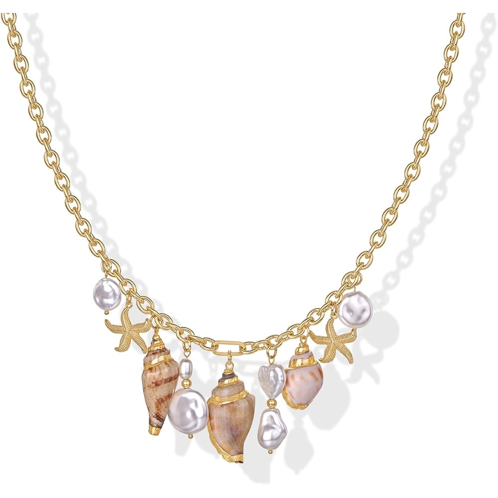 image:imagePAVOI 14K Gold Plated Coastal Chunky Charm Necklace for Women Waterproof Stainless Steel Beach Multi Charm Necklace Gold Statement Beachy Summer Jewelry with Sea Shell Starfish PearlYellow Gold