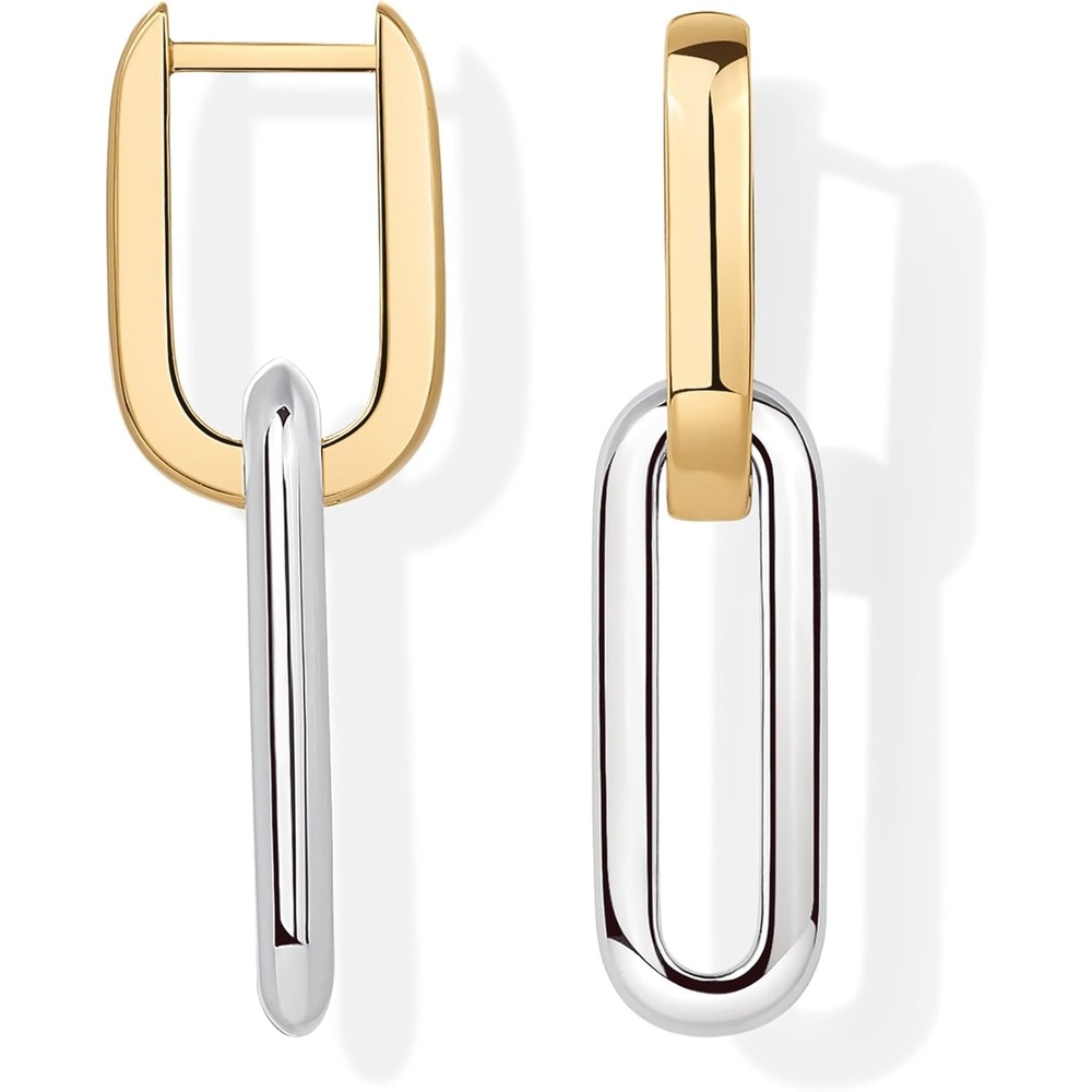 image:imagePAVOI 14K Gold Plated Convertible Paperclip Earrings for Women Trendy Paper Clip Link Huggie Hoop Earrings Chain Link Drop Dangle Hoops with Cubic Zirconia TwoToned Statement JewelryTwoToned