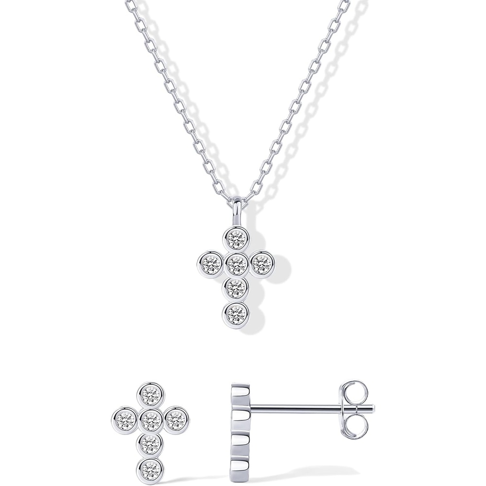 image:imagePAVOI 14K Gold Plated Cross Necklace and Earring Set for Women  Cubic Zirconia Religious Faith Jewelry Pack with Pendant Necklace and Stud EarringsWhite Gold