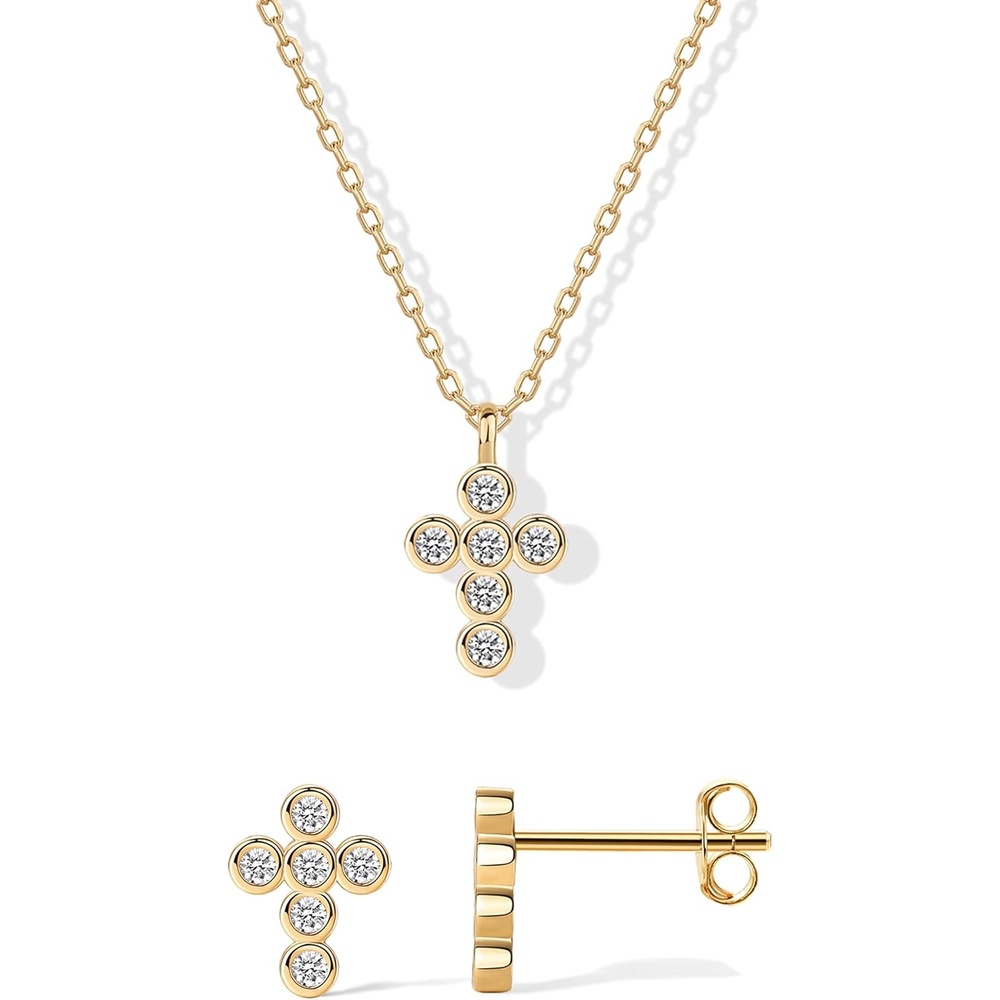 image:imagePAVOI 14K Gold Plated Cross Necklace and Earring Set for Women  Cubic Zirconia Religious Faith Jewelry Pack with Pendant Necklace and Stud EarringsYellow Gold