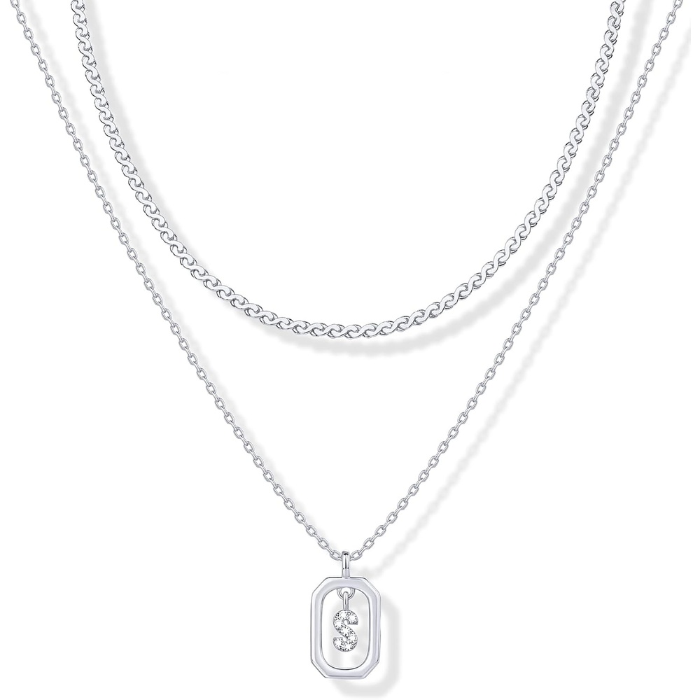 image:imagePAVOI 14K Gold Plated Cubic Zirconia Letter Pendant Layered Necklace Framed Initial Letter Cable Singapore Chains Layering Necklaces for WomenWhite Gold