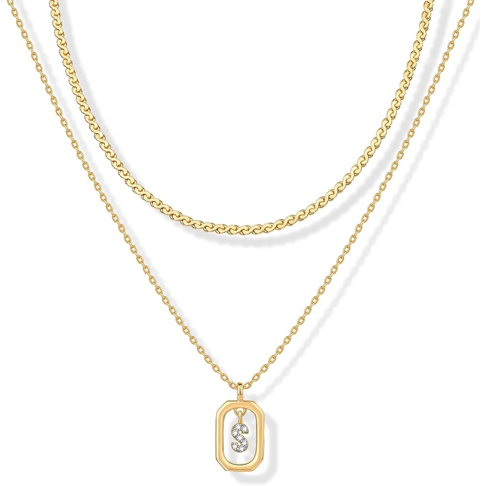 image:imagePAVOI 14K Gold Plated Cubic Zirconia Letter Pendant Layered Necklace Framed Initial Letter Cable Singapore Chains Layering Necklaces for WomenYellow Gold