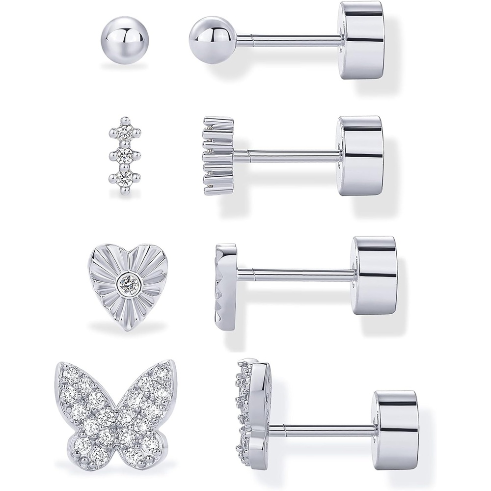 image:imagePAVOI 14K Gold Plated Dainty Flat Back Earrings for Women  Hypoallergenic Sterling Silver Posts Helix Cartilage Piercing Jewelry  Emoji Motif Bow Celestial Flatback Gold Stud Earrings Screw BackButterfly 4Pair Set
