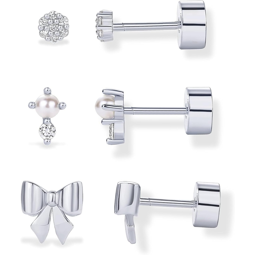 image:imagePAVOI 14K Gold Plated Dainty Flat Back Earrings for Women Hypoallergenic Sterling Silver Posts Helix Cartilage Piercing Jewelry Emoji Motif Bow Celestial Flatback Gold Stud Earrings Screw BackBow Pearl Trio Set