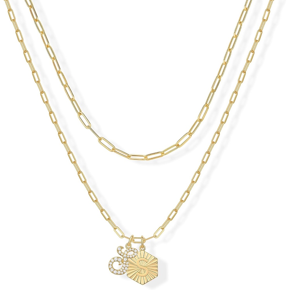 image:imagePAVOI 14K Gold Plated Dainty Hexagon Initial Letter Pendant Layered Necklace Jewelry Gift for Women  Paperclip Layering Chain NecklaceYellow Gold