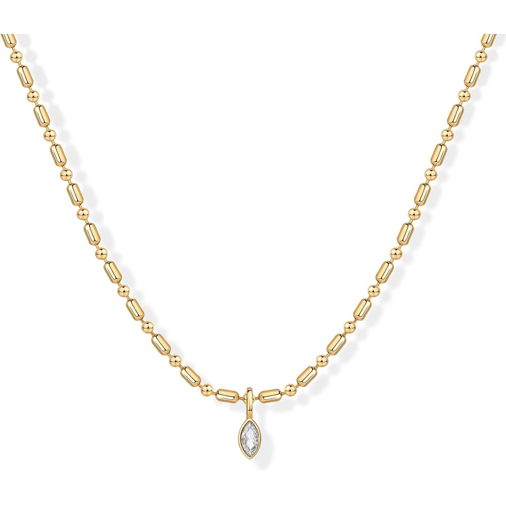 image:imagePAVOI 14K Gold Plated Dainty Tube Ball Square Beaded Chain Bezel Set Solitaire Pendant Necklace for Women Round Princess Marquise Cubic Zirconia Statement NecklaceYellow Gold